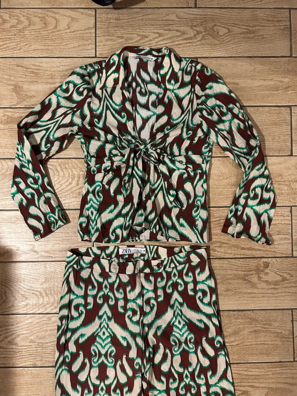 Zara Printed Tie-Front Top & Pants Set — Green, Brown, Cream